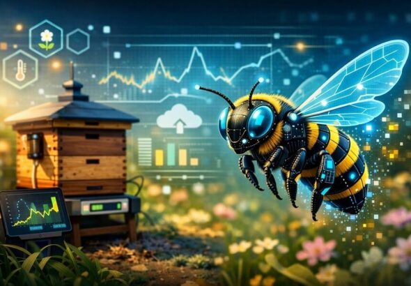 Ilustración que representa el uso de inteligencia artificial en el monitoreo de colmenas de abejas y la agricultura digital