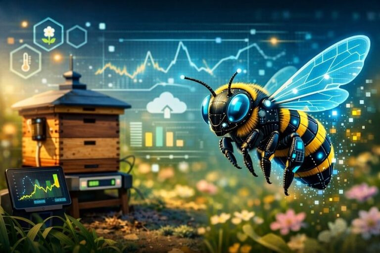 Ilustración que representa el uso de inteligencia artificial en el monitoreo de colmenas de abejas y la agricultura digital
