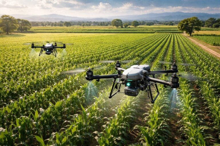 Drones sobrevolando cultivos en México, monitoreando plantas y estrés hídrico con sensores e inteligencia artificial para una agricultura de precisión
