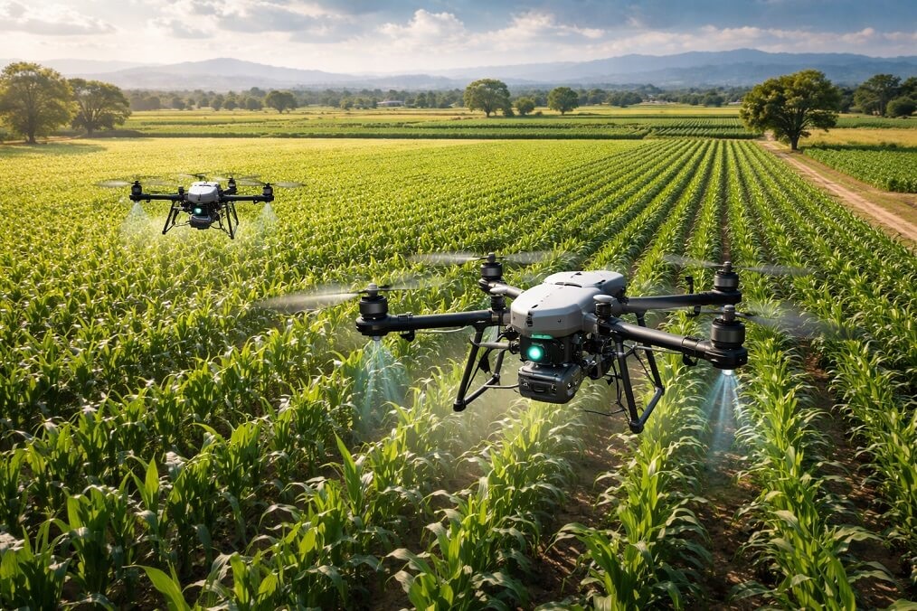 Drones sobrevolando cultivos en México, monitoreando plantas y estrés hídrico con sensores e inteligencia artificial para una agricultura de precisión
